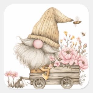 Pegatina Cuadrada Peony Flower Gnome