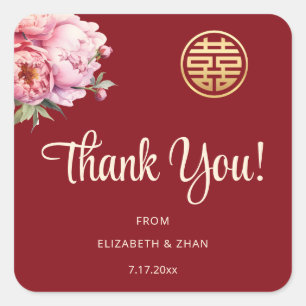 Pegatina Cuadrada Peony Red Chinese Boda Gracias