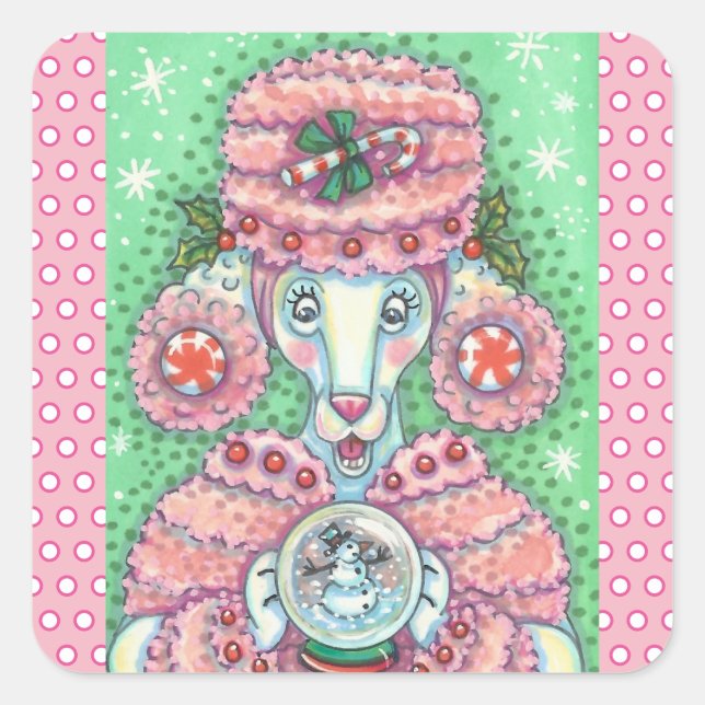 PEGATINA CUADRADA PEPPERMINT PINK POODLE, NAVIDADES PEGATINAS DE PER (Anverso)