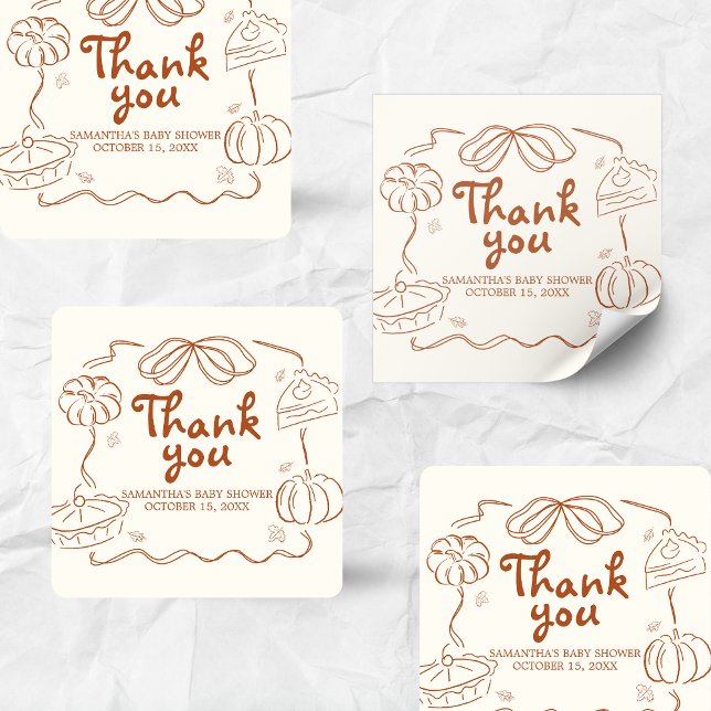 Pegatina Cuadrada Pequeña Baby Shower de calabaza (Hand Drawn Little Cutie Pie Baby Shower Sticker)