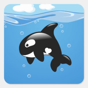 Pegatina Cuadrada Pequeña ballena orca en el océano