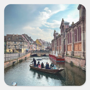 Pegatina Cuadrada Pequeña barca del río Venecia