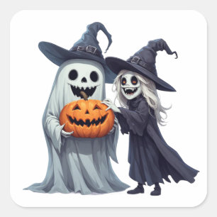 Pegatina Cuadrada Pequeña Bruja Fantasma Jack O Lantern 👻