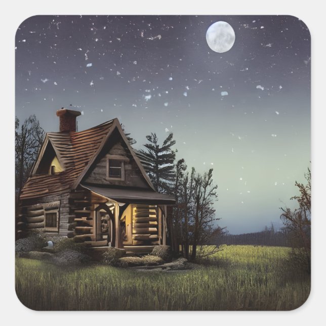 Pegatina Cuadrada Pequeña Cabaña A La Luz De La Luna (Anverso)