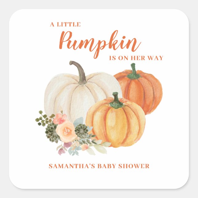 Pegatina Cuadrada Pequeña Calabaza Cae en el otoño de Baby Shower (Anverso)