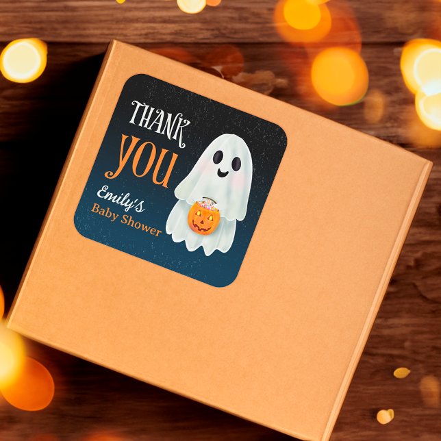 Pegatina Cuadrada Pequeña calabaza fantasma Ducha de bebé Halloween (Little boo ghost pumpkin Halloween baby shower Square Sticker)