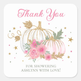 Pegatina Cuadrada Pequeña Calabaza gemela Chica Baby Shower Gracias