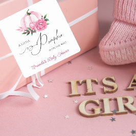 Pegatina Cuadrada Pequeña calabaza Rubor Rosado Rústico Baby Shower