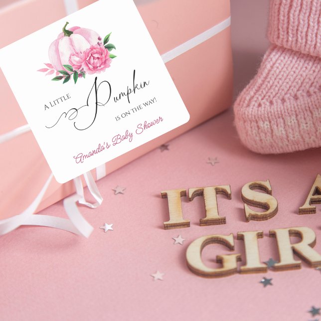 Pegatina Cuadrada Pequeña calabaza Rubor Rosado Rústico Baby Shower (Subido por el creador)