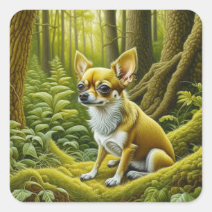 Pegatina Cuadrada Pequeña Chihuahua sentada en los bosques