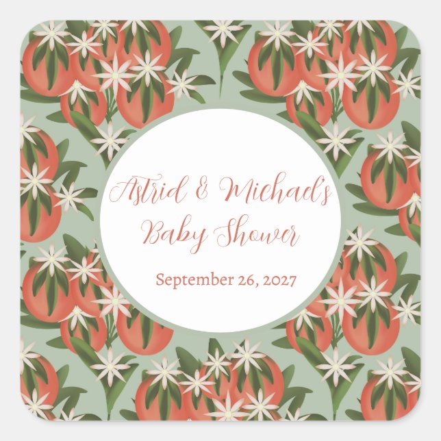 Pegatina Cuadrada Pequeña Cutie Clementine Sage | Citrus Baby Shower (Anverso)