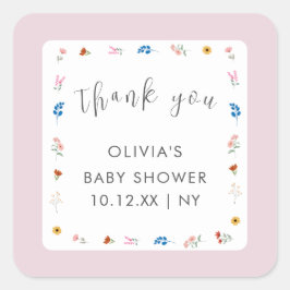 Pegatina Cuadrada Pequeña Flor Silvestre Rosa, Baby Shower Gracias