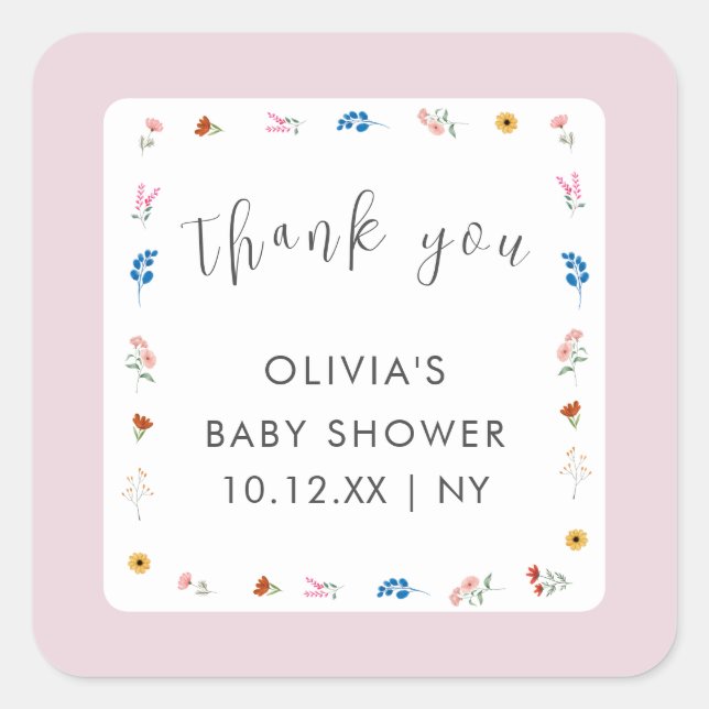 Pegatina Cuadrada Pequeña Flor Silvestre Rosa, Baby Shower Gracias (Anverso)