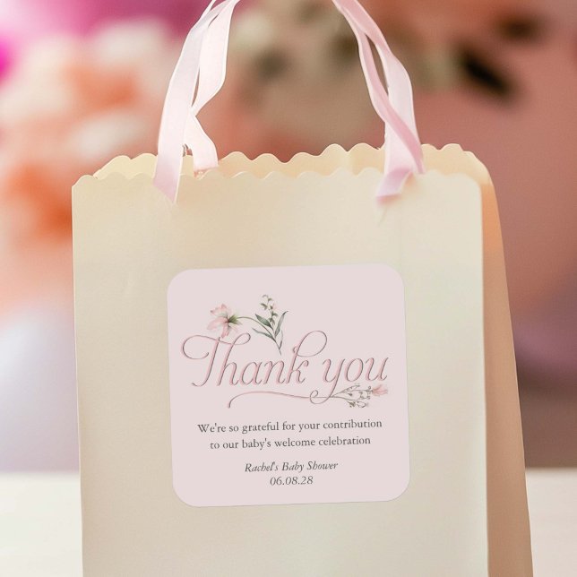 Pegatina Cuadrada Pequeña flor silvestre rosa Niña Ducha gracias (Elegant Pink Wildflower, Baby Girl shower favor thank you stickers.)