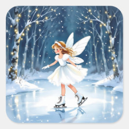Pegatina Cuadrada Pequeña Hada Patinaje sobre Hielo Navidad