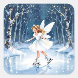 Pegatina Cuadrada Pequeña Hada Patinaje sobre Hielo Navidad