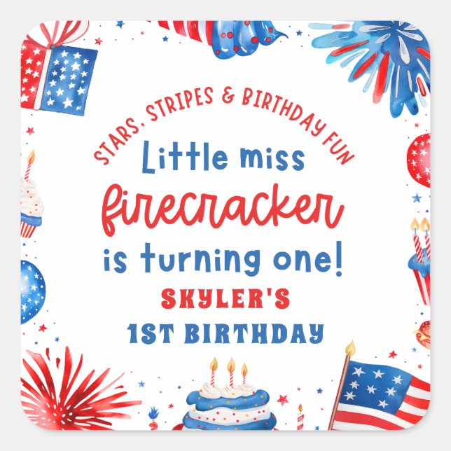 Pegatina Cuadrada Pequeña Miss Firecracker el 4 de julio (Anverso)