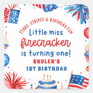 Pegatina Cuadrada Pequeña Miss Firecracker el 4 de julio