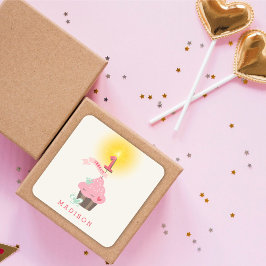 Pegatina Cuadrada Pequeña Miss Rosa Chica de pastelitos Primer Fiest