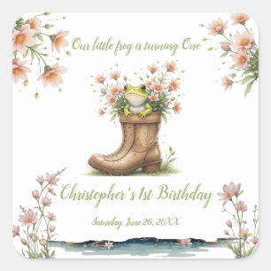 Pegatina Cuadrada Pequeña rana personalizada Froggie primer cumpleañ