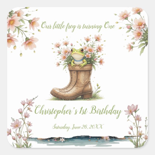 Pegatina Cuadrada Pequeña rana personalizada Froggie primer cumpleañ (Anverso)