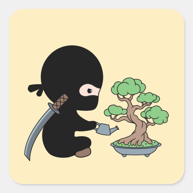Pegatina Cuadrada Pequeño árbol de Bonsai en aguas Ninja en amarillo (Anverso)