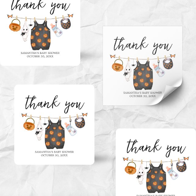 Pegatina Cuadrada Pequeño Bompkin Halloween Baby Shower (Little Boo Pumpkin Clothesline Halloween Baby Shower Sticker)