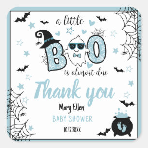 PEGATINA CUADRADA PEQUEÑO BOO BLUE HALLOWEB BABY SHOWER GRACIAS