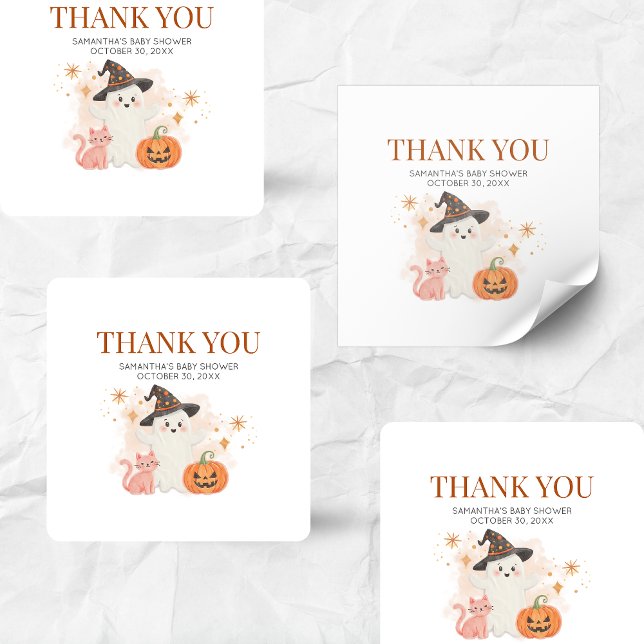 Pegatina Cuadrada Pequeño Boo Halloween Calabaza Baby Shower (Halloween Little Boo Baby Shower Sticker)