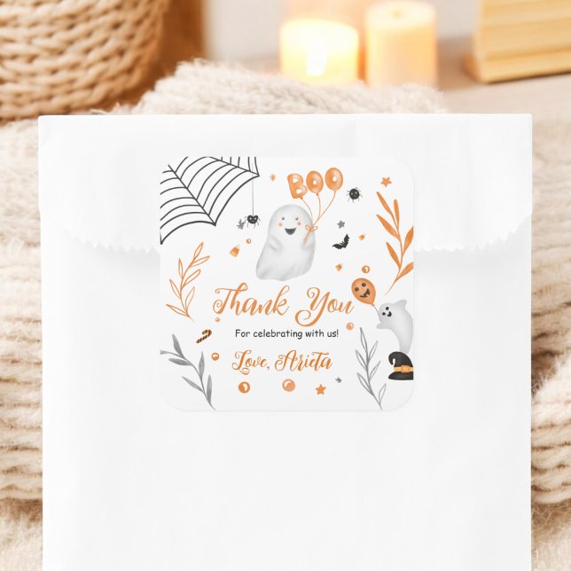 Pegatina Cuadrada Pequeño Boo Halloween Gracias a la ducha de bebé (Cute little Boo Halloween Thank you baby shower Square Sticker)