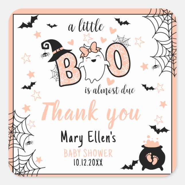 PEGATINA CUADRADA PEQUEÑO BOO PINK HALLOWEEN BABY SHOWER GRACIAS (Anverso)