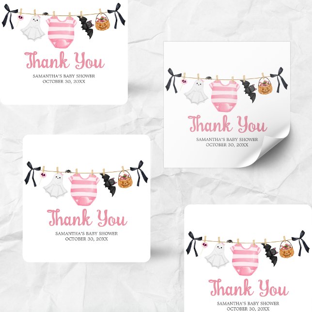 Pegatina Cuadrada Pequeño Bote Rosa Baby Shower (Girl Little Boo Halloween Clothesline Baby Shower Sticker)