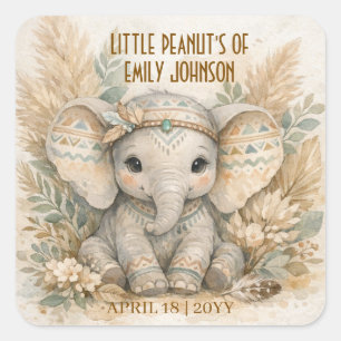 Pegatina Cuadrada Pequeño Cacahuete Boho Safari Elefante Niño Baby S