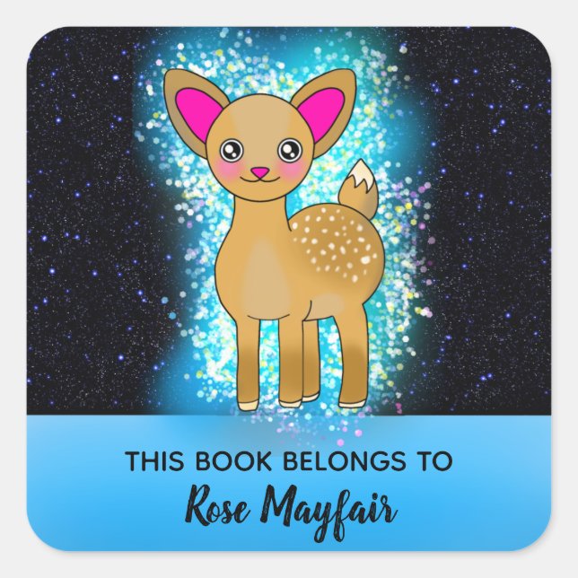 Pegatina Cuadrada Pequeño ciervo bebé en las estrellas de Twinkle (Anverso)