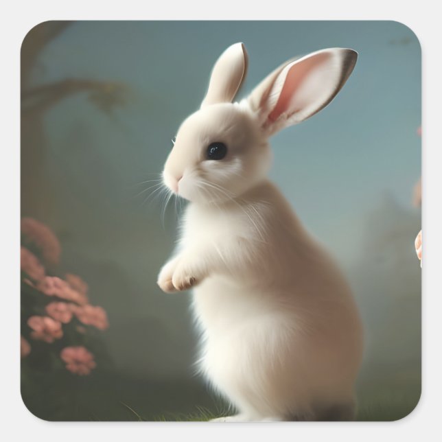 Pegatina Cuadrada Pequeño conejito blanco y Rosas (Anverso)