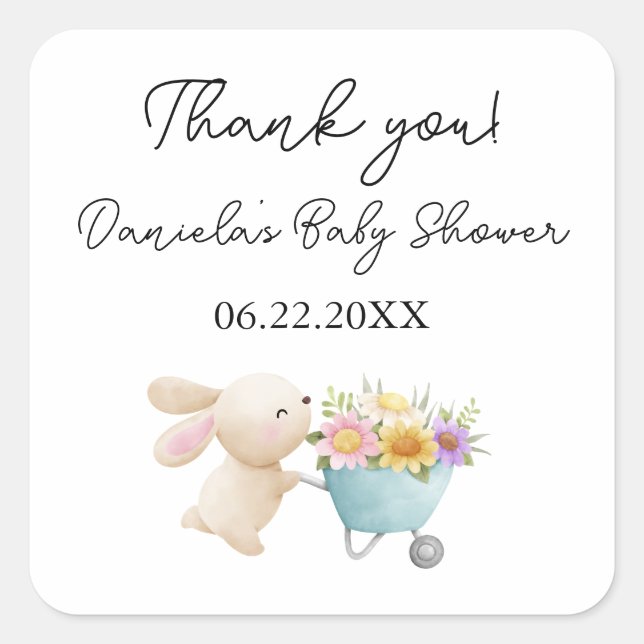 Pegatina Cuadrada Pequeño conejito simple lindo Wildflowers Baby Sho (Anverso)