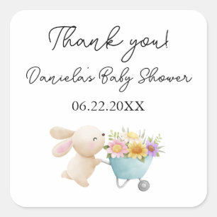 Pegatina Cuadrada Pequeño conejito simple lindo Wildflowers Baby Sho