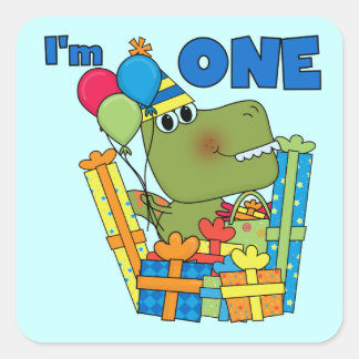 Pegatina Cuadrada Pequeño Dino Primer Cumpleaños camisetas y regalos