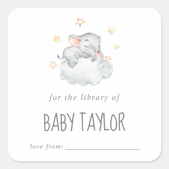 Pegatina Cuadrada Pequeño elefante Chica Baby Shower Bookplate (Anverso)