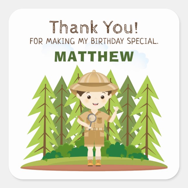 Pegatina Cuadrada Pequeño Explorador (Anverso)