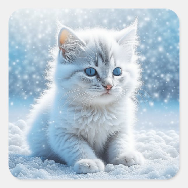 Pegatina Cuadrada Pequeño gatito blanco en Navidades de nieve (Anverso)