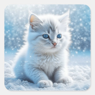 Pegatina Cuadrada Pequeño gatito blanco en Navidades de nieve