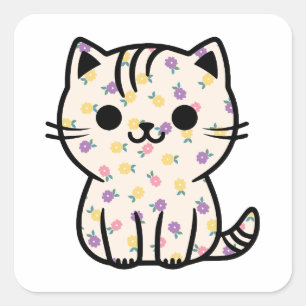 Pegatina Cuadrada Pequeño gatito floral