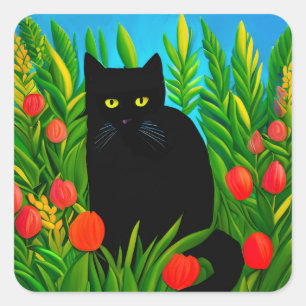 Pegatina Cuadrada Pequeño gato negro en un jardín de tulipanes