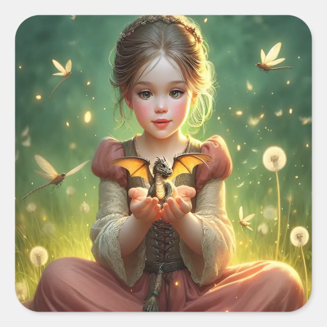 Pegatina Cuadrada Pequeño guardián de dragones con mariposas (Anverso)