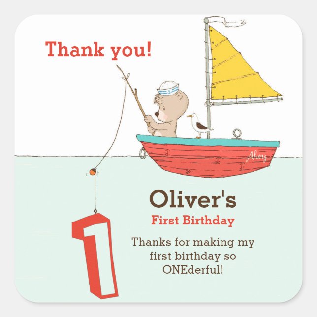 Pegatina Cuadrada Pequeño marinero náutico de primer cumpleaños (Anverso)