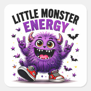 Pegatina Cuadrada Pequeño Monstruo Energía Divertido Púrpura Hallowe