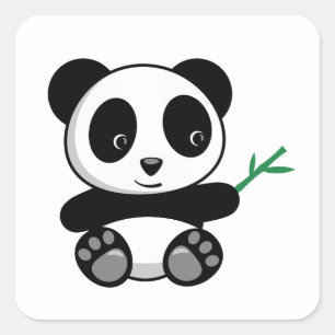 Pegatina Cuadrada Pequeño Panda lindo con palo de bambú
