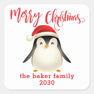 Pegatina Cuadrada Pequeño pingüino lindo con Navidades de Santa Hat