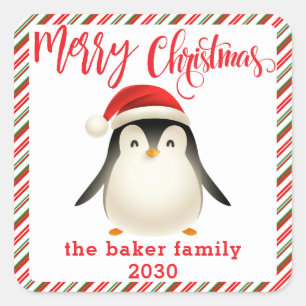 Pegatina Cuadrada Pequeño pingüino lindo con Navidades de Santa Hat
